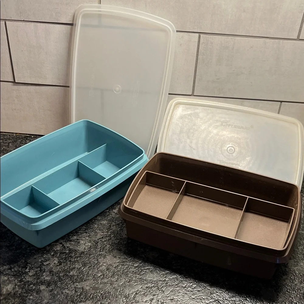 Brown and Blue Storage Containers with Lids